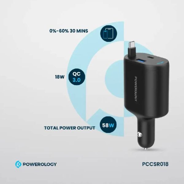 Powerology Type-C Retractable Car Charger - 70W   Black Discount